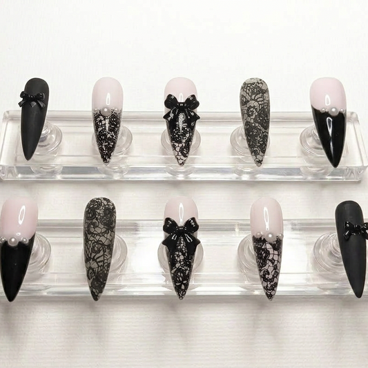 Midnight Lace Bow Press-On Nails