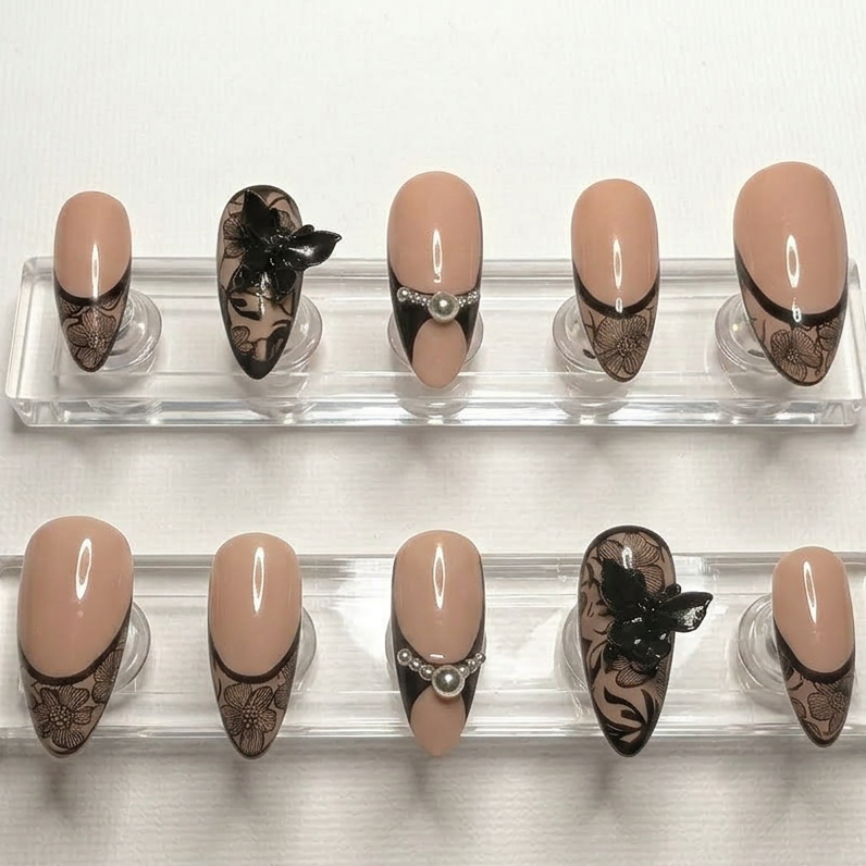 Noir Bloom Pearl Press-On Nails