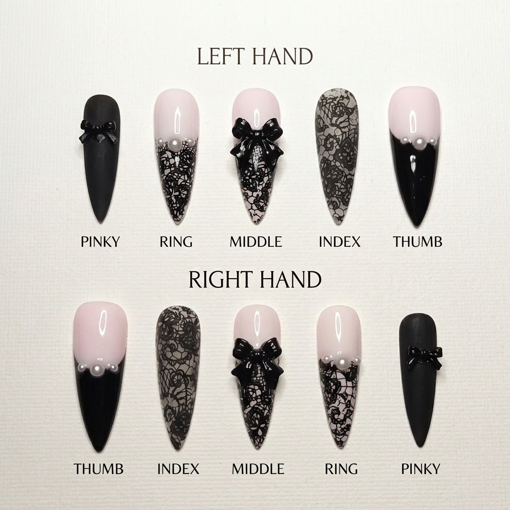 Midnight Lace Bow Press-On Nails