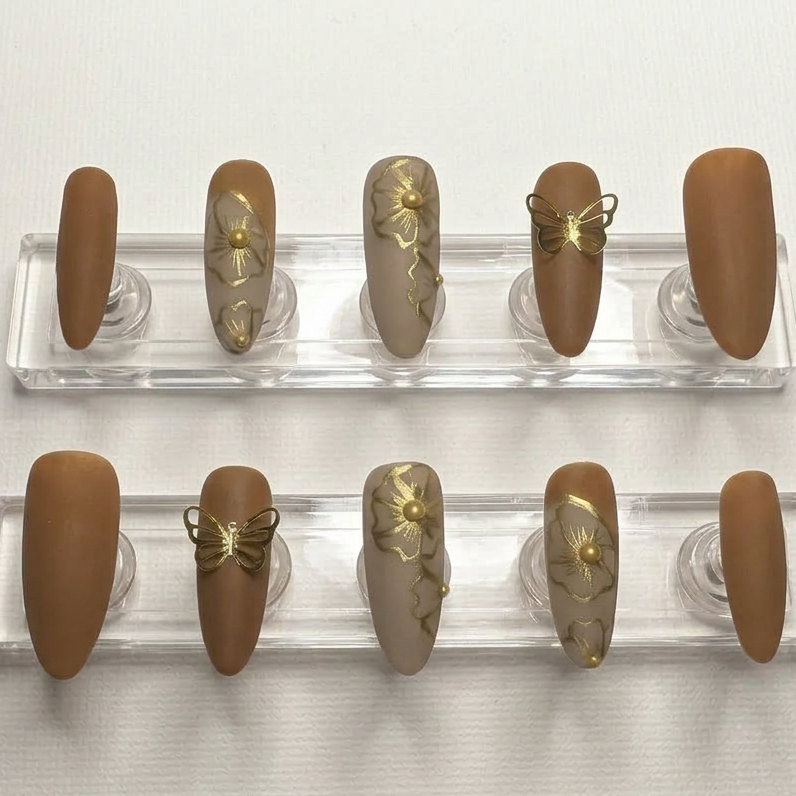 Mocha Bloom Butterfly Press-On Nails